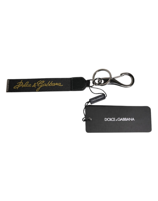 Dolce & Gabbana Black Logo Nylon Silver Brass Men Holder Keychain Keyring schwarz