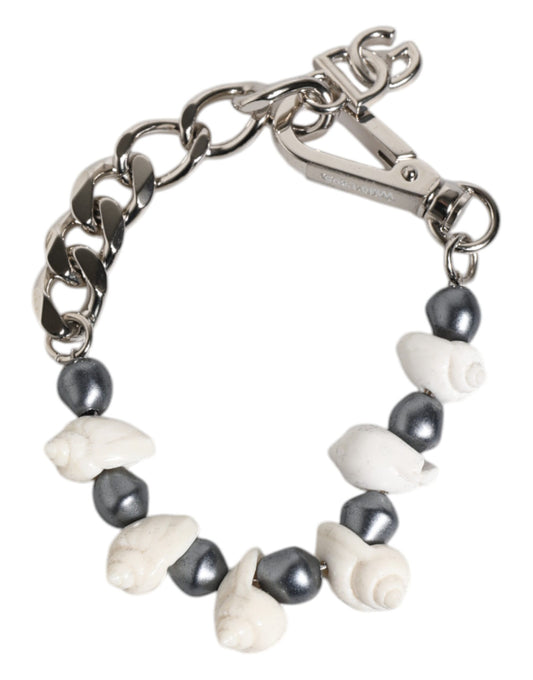 Dolce & Gabbana Silver Tone Brass Beaded Shell DG Logo Pendant Bracelet Curated Luxury Accessories by Orvyn