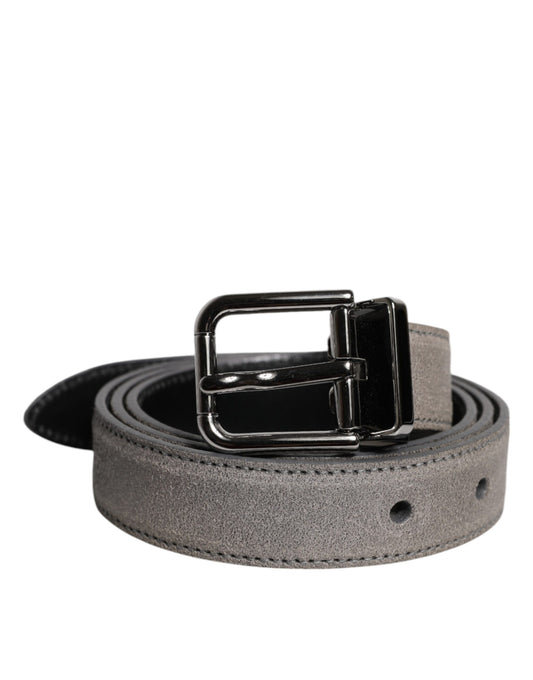 Dolce & Gabbana Gray Leather Silver Tone Metal Buckle Belt grau