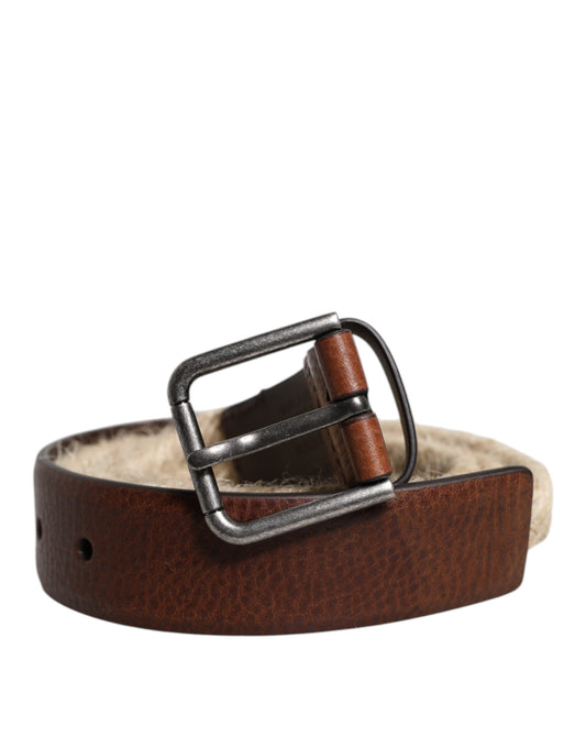 Dolce & Gabbana Brown Jute Leather Woven Metal Buckle Belt braun