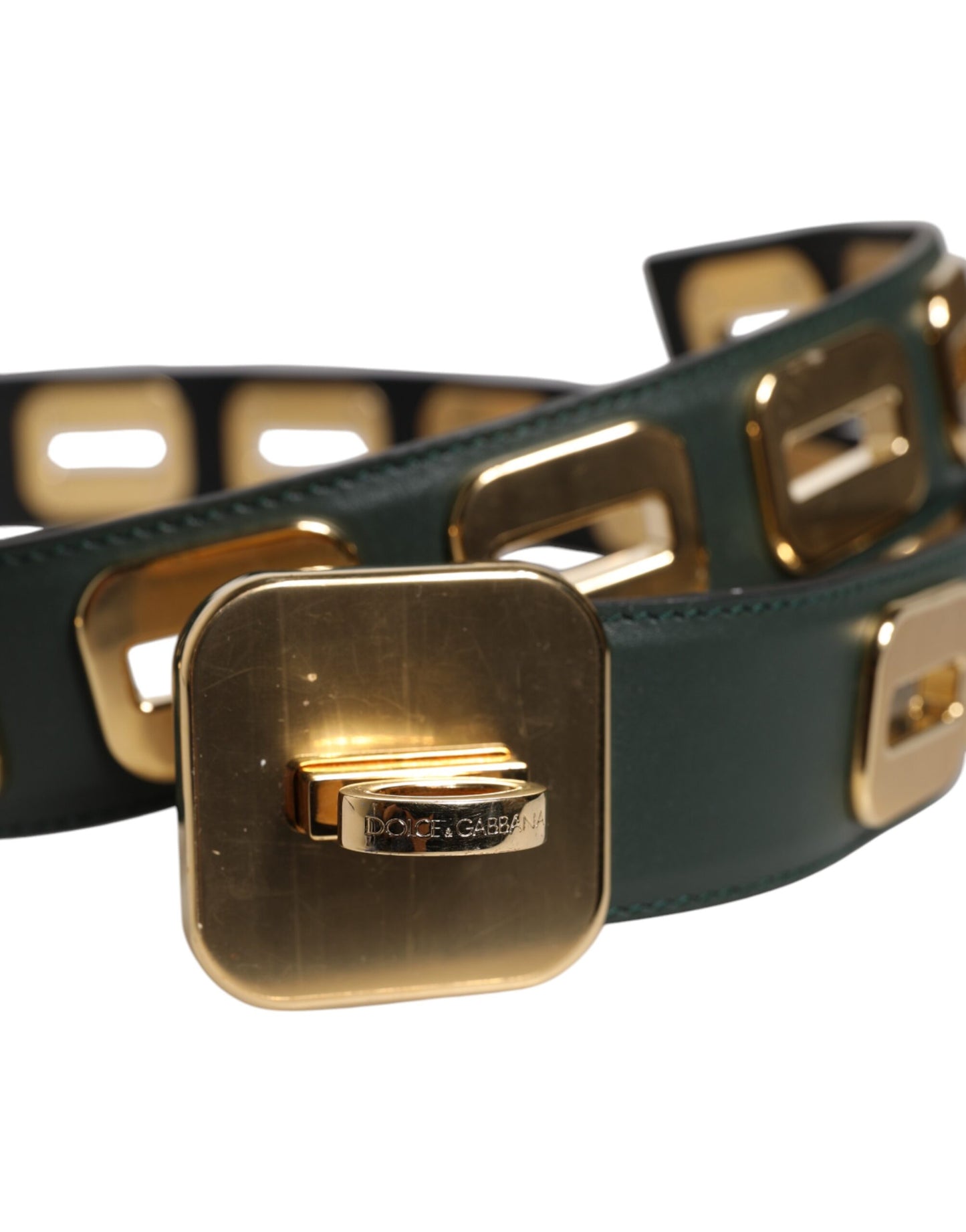 Dolce & Gabbana Green Leather Gold Tone Rotating Buckle Belt Curated Luxury Accessories by Orvyn