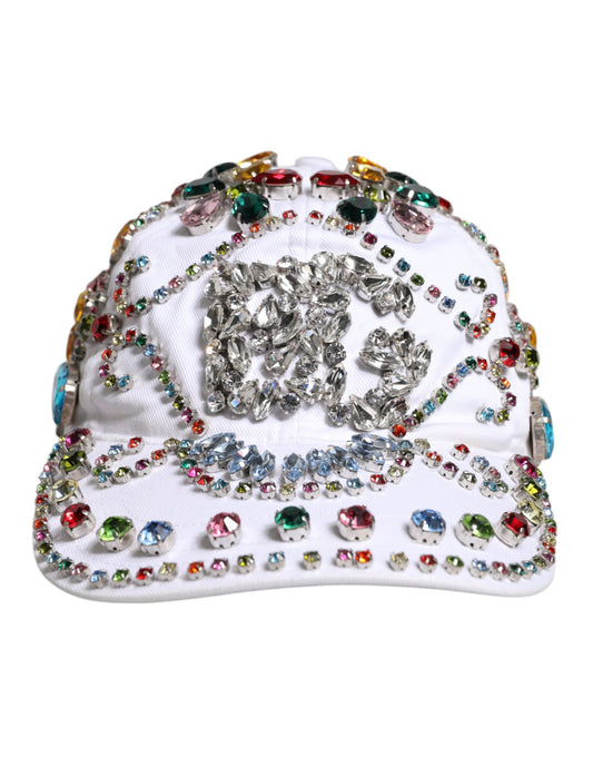 Dolce & Gabbana White Multicolor Crystal Embellish Baseball Cap Curated Luxury Accessories by Orvyn