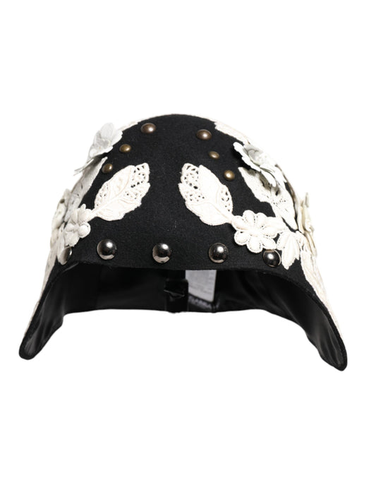 Dolce & Gabbana Black Wool White Floral Gold Leaf Cloche Hat Curated Luxury Accessories by Orvyn