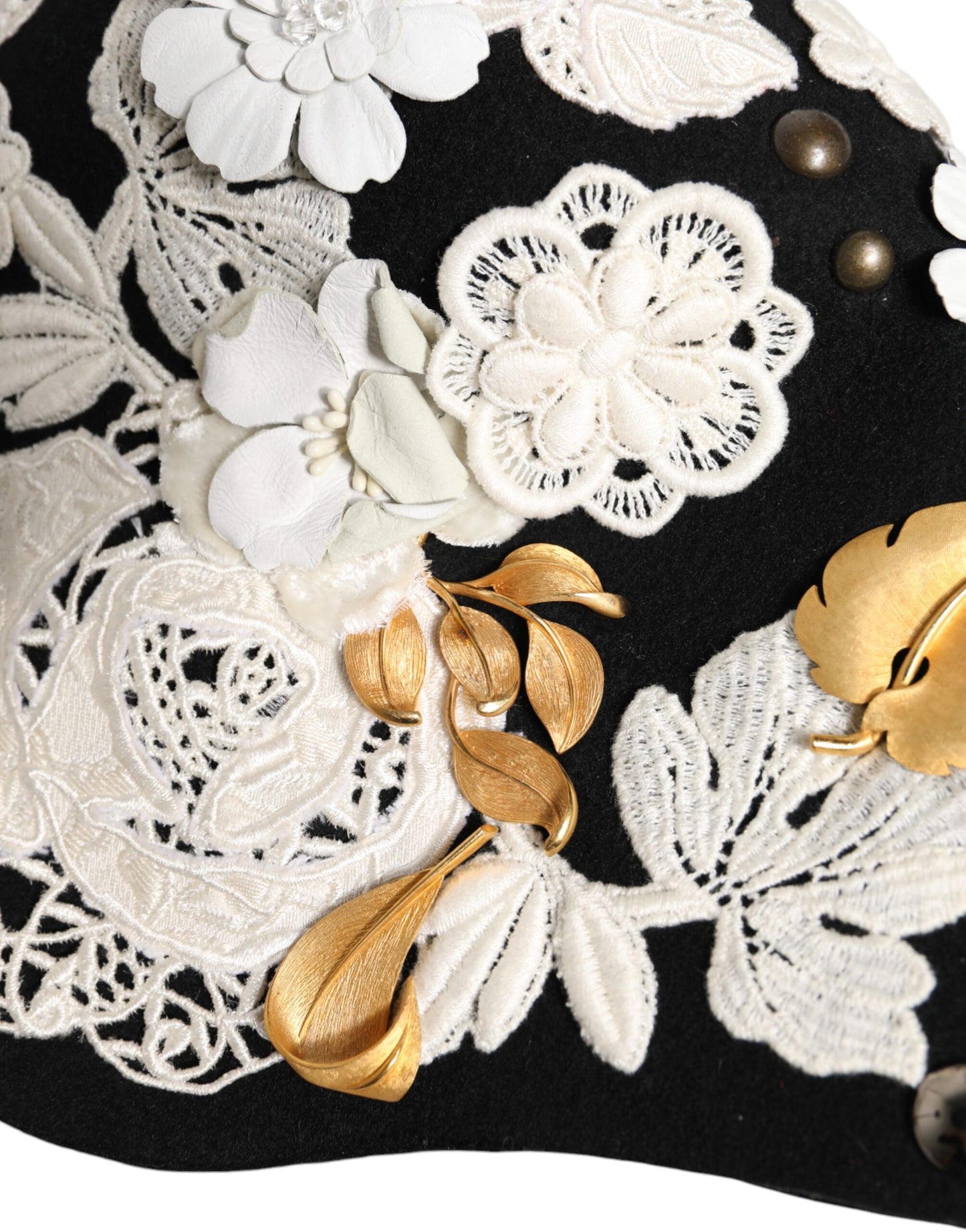 Dolce & Gabbana Black Wool White Floral Gold Leaf Cloche Hat Curated Luxury Accessories by Orvyn