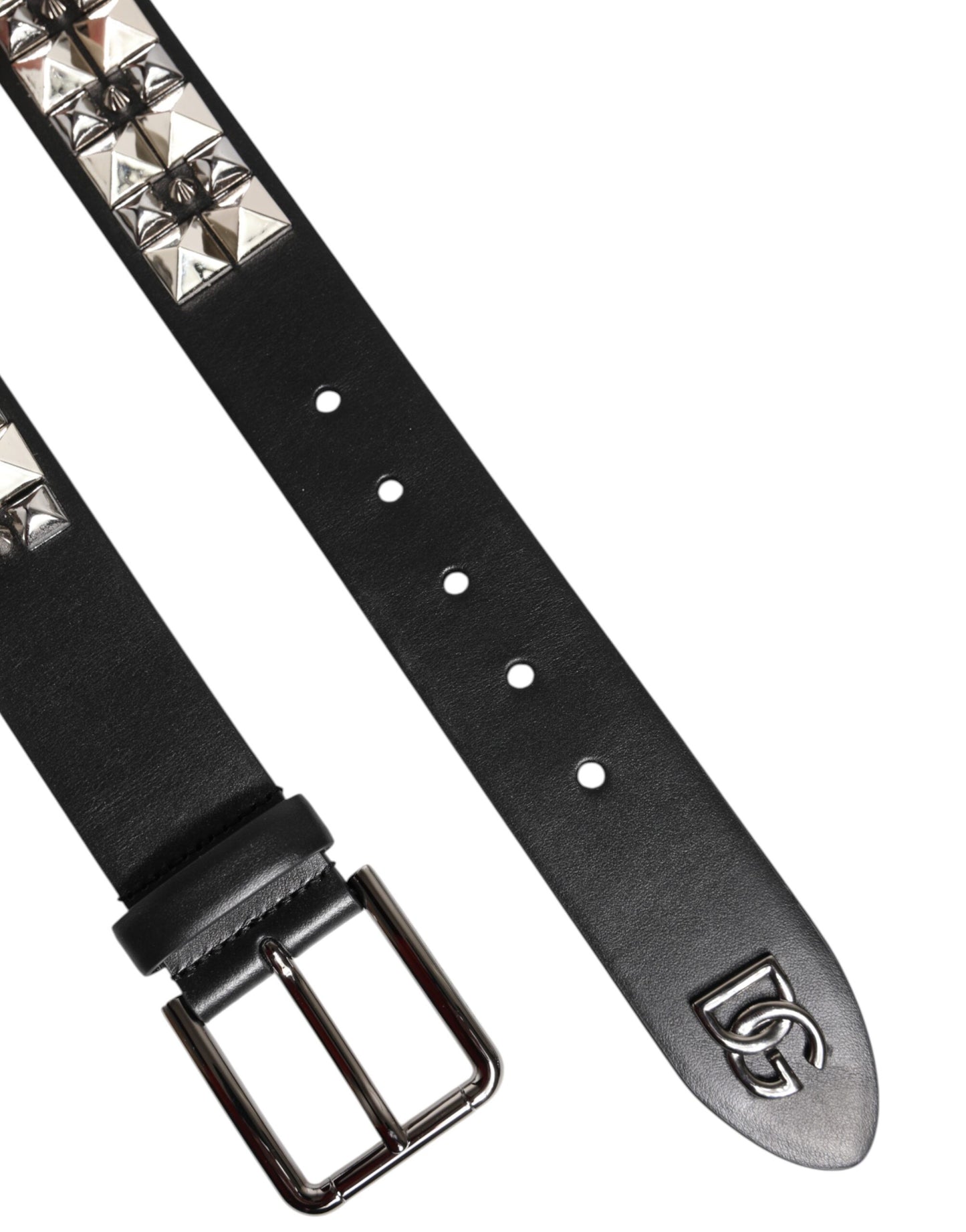 Dolce & Gabbana Black Calf Leather Studded Silver Buckle Belt schwarz