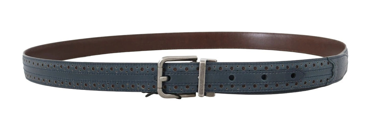 Dolce & Gabbana Blue Perforated Leather Gray Buckle Belt grau