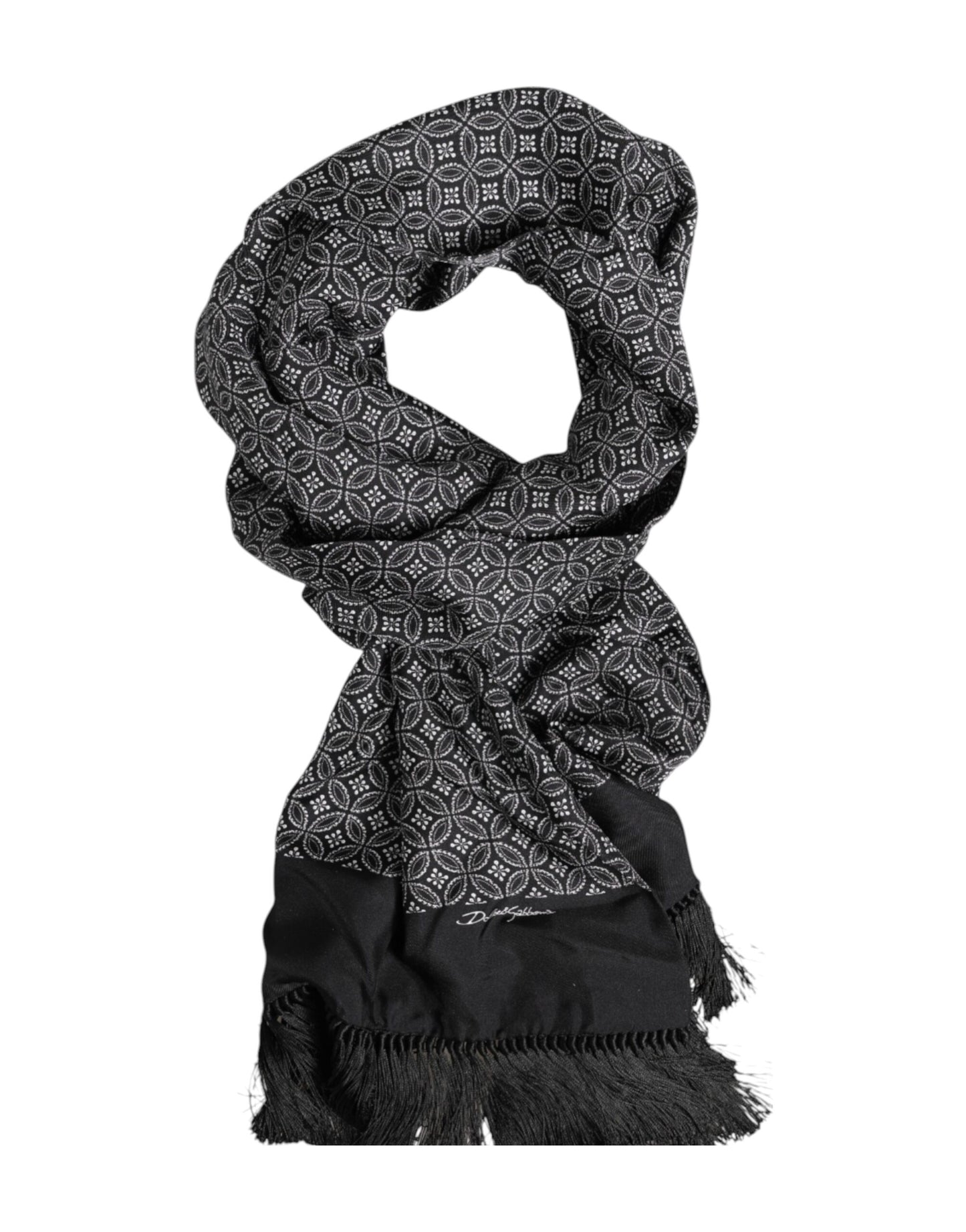 Dolce & Gabbana Black Patterned Fringes Men Foulard Scarf Curated Luxury Accessories by Orvyn