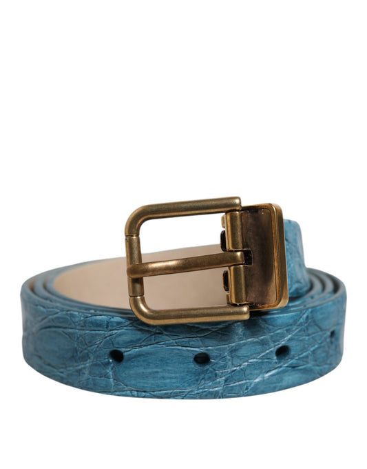 Dolce & Gabbana Blue Leather Classic Gold Metal Buckle Belt Curated Luxury Accessories by Orvyn