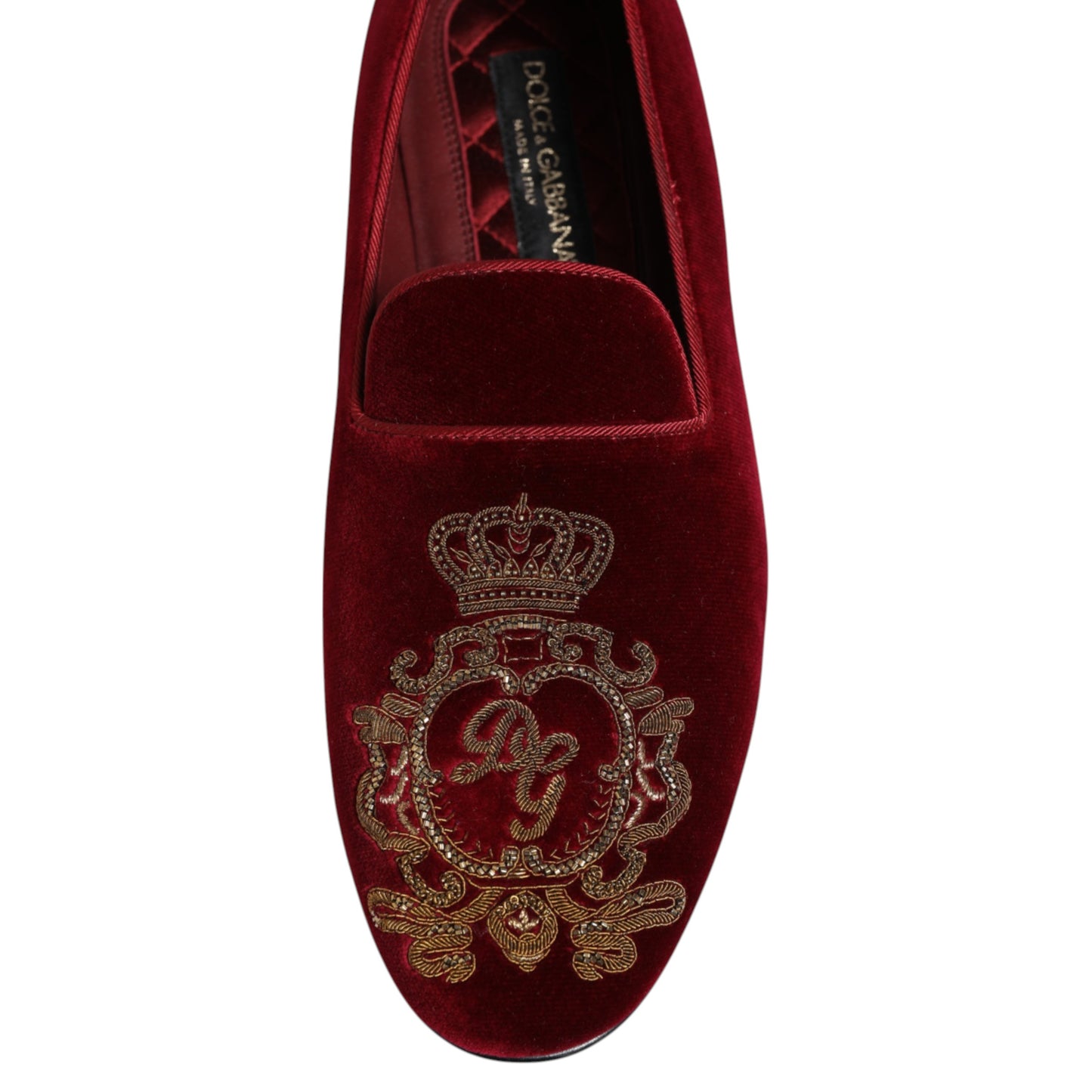 Dolce & Gabbana Red Velvet Gold Crown Mens Loafers Shoes Curated Luxury Accessories by Orvyn
