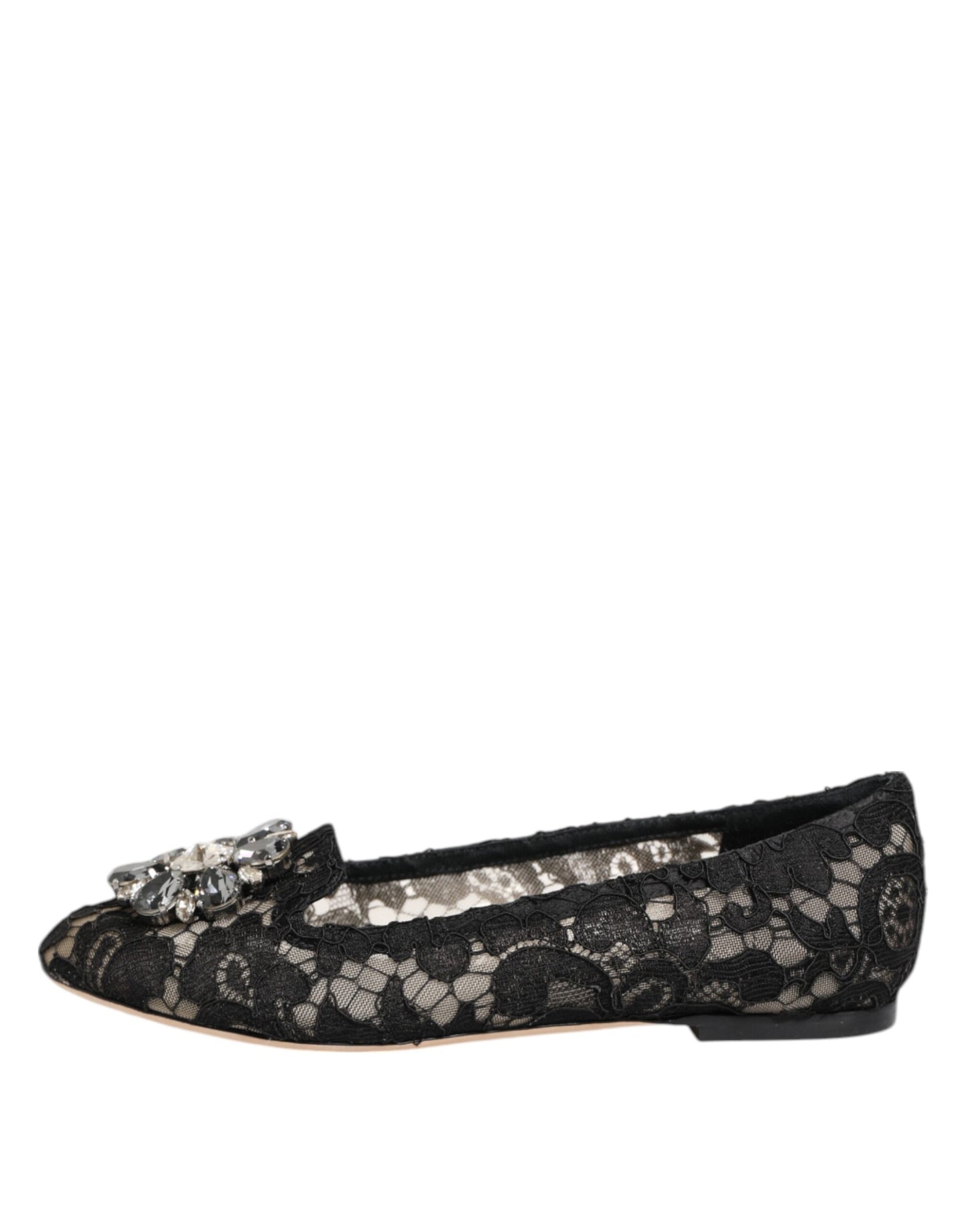 Dolce & Gabbana Black Taormina Lace Crystals Flats Shoes Curated Luxury Accessories by Orvyn