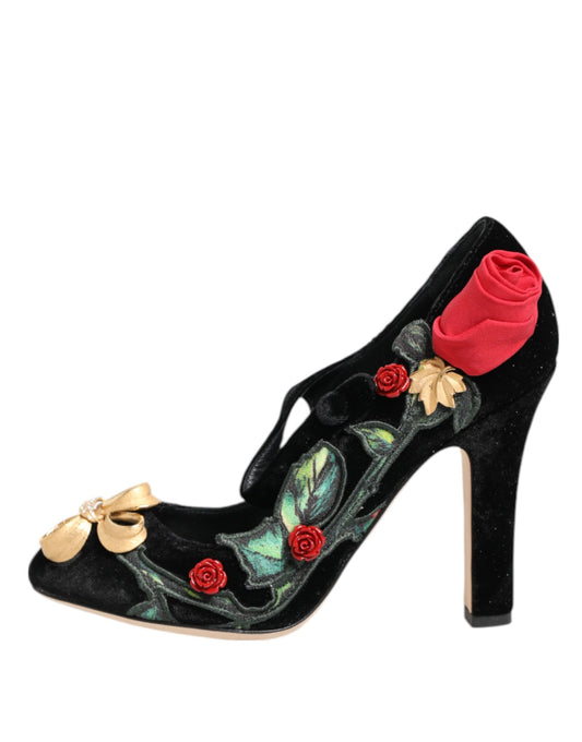 Dolce & Gabbana Black Roses Crystal Brooch Mary Jane Shoes Curated Luxury Accessories by Orvyn