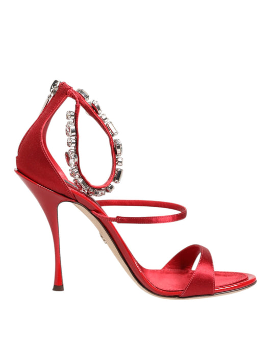 Dolce & Gabbana Red Satin Crystals Keira Sandals Heels Shoes Curated Luxury Accessories by Orvyn