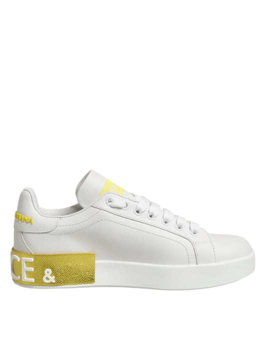 Dolce & Gabbana White Yellow Leather Low Top Sneakers Shoes Curated Luxury Accessories by Orvyn