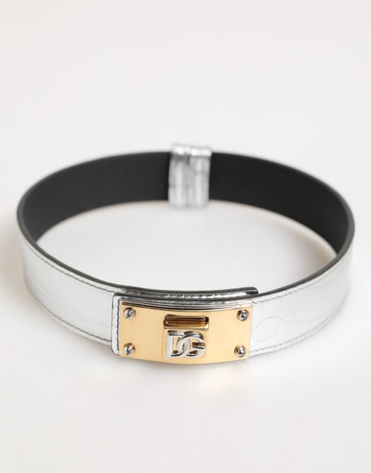 Dolce & Gabbana Silver Textured Leather Gold Tone Metal Neckband Curated Luxury Accessories by Orvyn