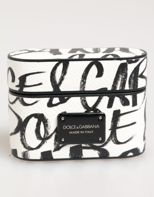 Dolce & Gabbana Black White Leather Monogram Print Logo Holder Airpods Case Curated Luxury Accessories by Orvyn
