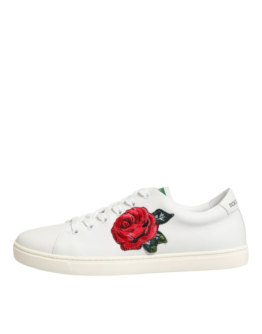 Dolce & Gabbana White Leather Rose Embroidery Low-Top Shoes Curated Luxury Accessories by Orvyn