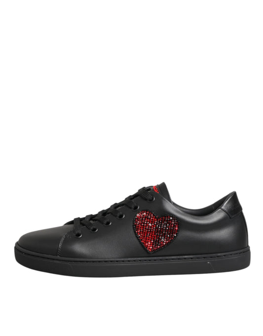 Dolce & Gabbana Black Leather Crystal Heart Low Top Sneakers Shoes Curated Luxury Accessories by Orvyn