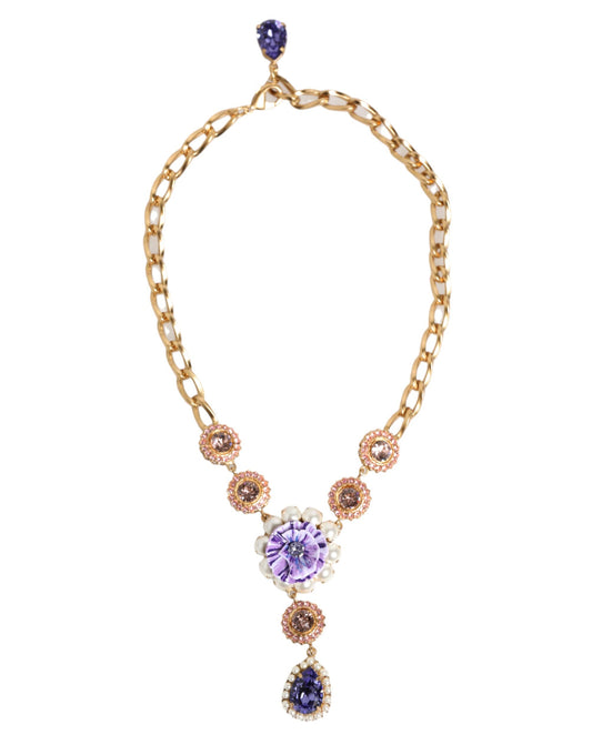 Dolce & Gabbana Gold Brass Crystal Pearl Purple Floral Pendant Jewelry Necklace Curated Luxury Accessories by Orvyn