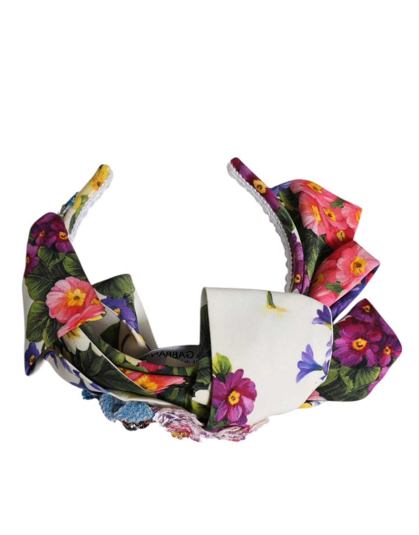Dolce & Gabbana White Multicolor Floral Silk Bow Crystal Embellished Headband Curated Luxury Accessories by Orvyn