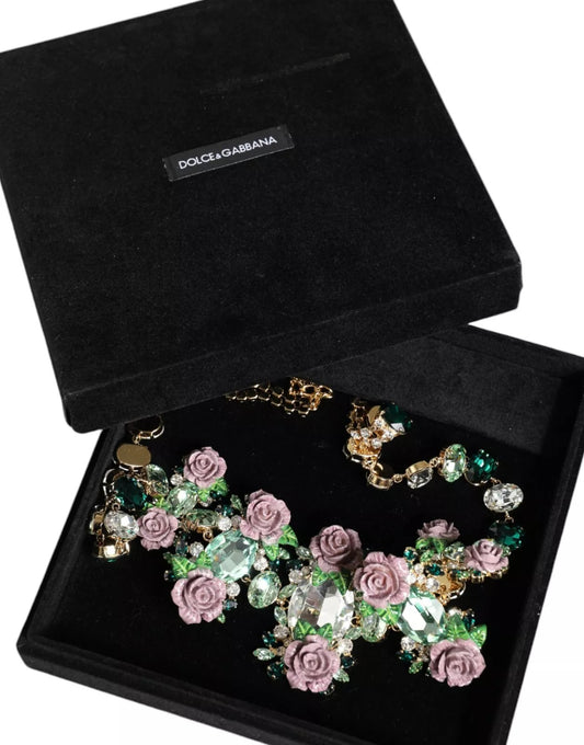 Dolce & Gabbana Gold Brass Link Chain Rose Petal Crystal Necklace Curated Luxury Accessories by Orvyn