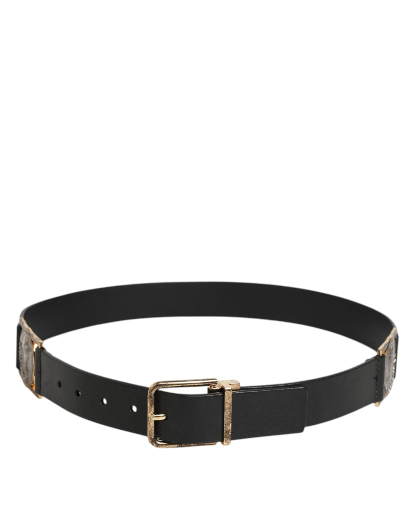 Dolce & Gabbana Black Leather Gold Silver Coin Buckle Belt Curated Luxury Accessories by Orvyn