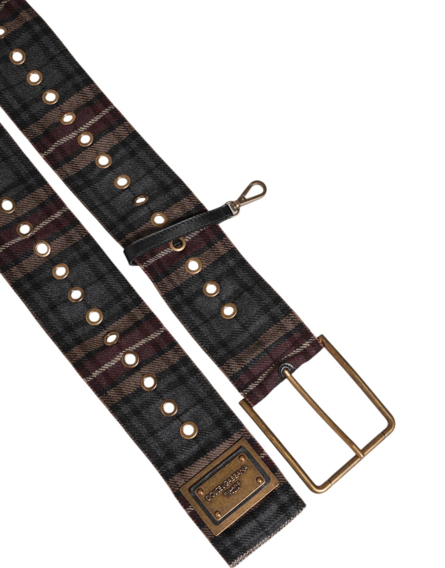 Dolce & Gabbana Plaid Fabric Logo Plate Brass Buckle Belt Curated Luxury Accessories by Orvyn