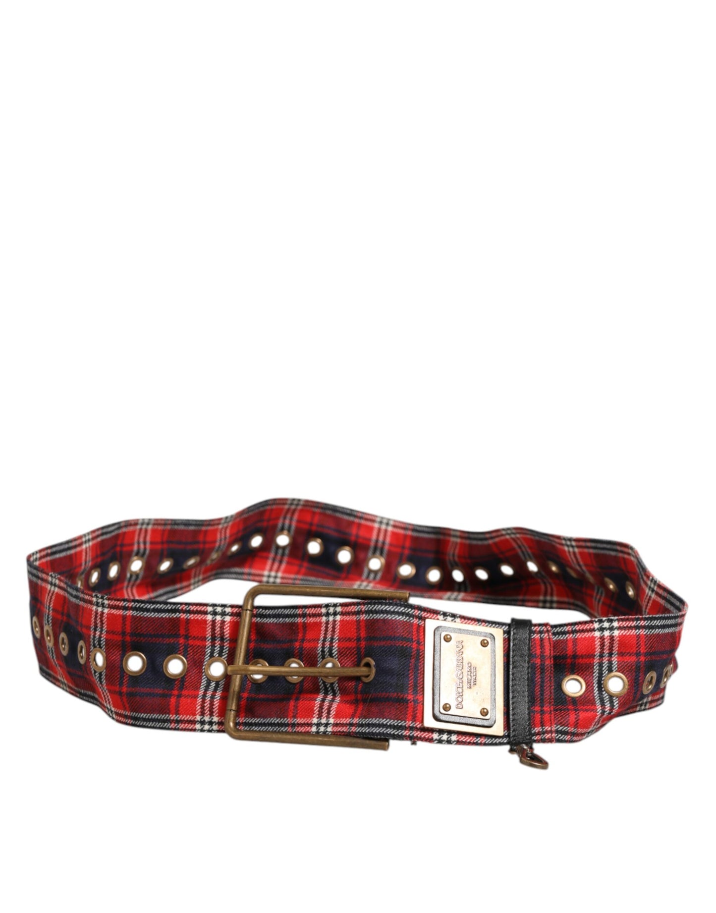 Dolce & Gabbana Red Plaid Fabric Logo Plate Brass Buckle Belt Curated Luxury Accessories by Orvyn