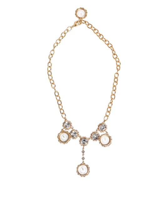 Dolce & Gabbana Gold Crystal Clock Pendant Statement Jewelry Necklace Curated Luxury Accessories by Orvyn