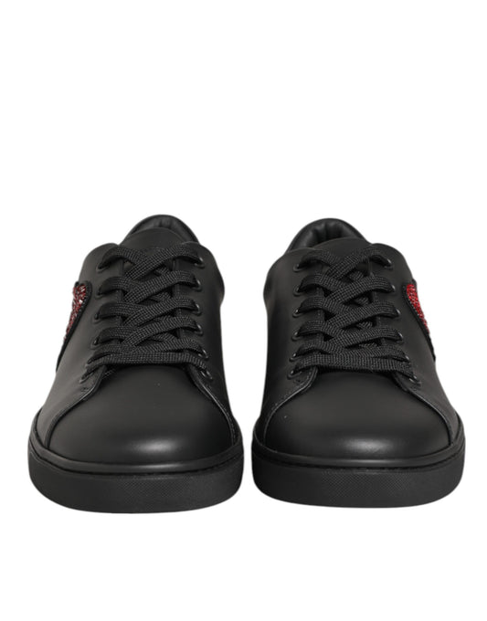 Dolce & Gabbana Black Leather Crystal Heart Sneakers Shoes Curated Luxury Accessories by Orvyn