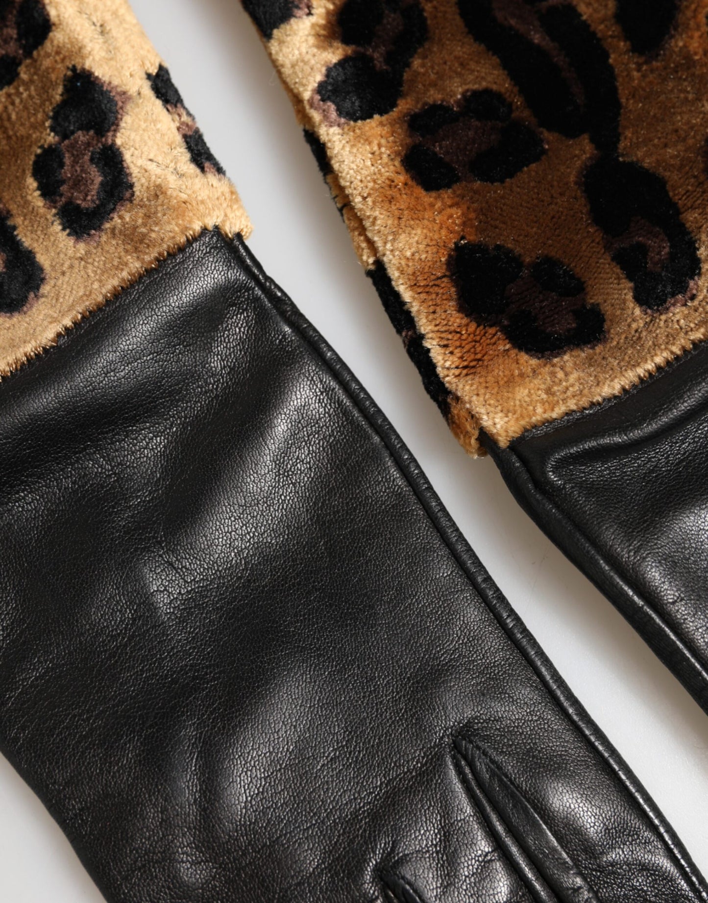 Dolce & Gabbana Brown Black Leopard Leather Elbow Length Mitten Gloves Curated Luxury Accessories by Orvyn