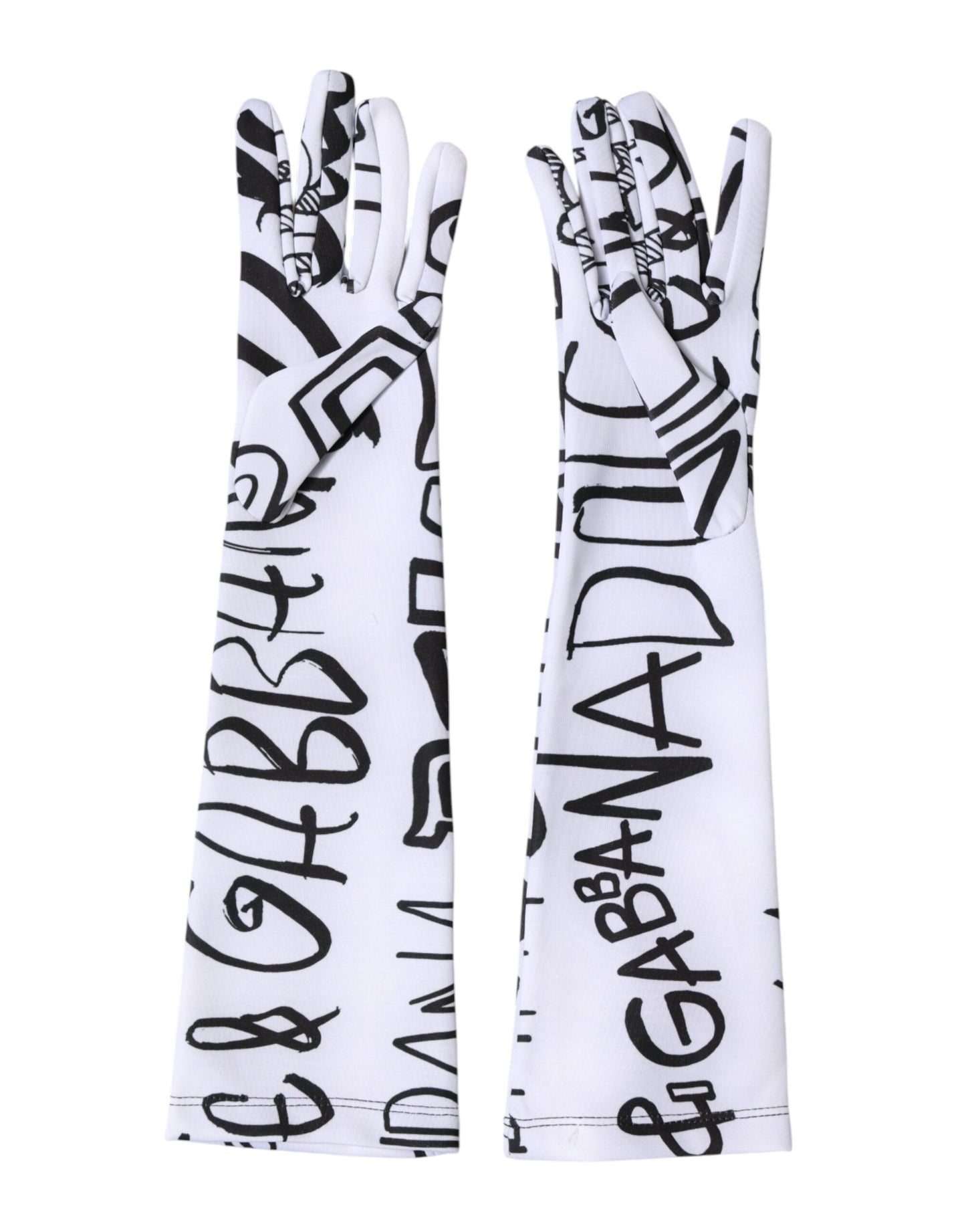 Dolce & Gabbana Black White DG Logo Elbow Length Mitten Gloves Curated Luxury Accessories by Orvyn