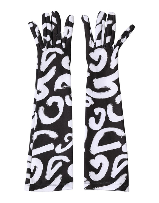 Dolce & Gabbana Black White DG Logo Elbow Length Mitten Gloves Curated Luxury Accessories by Orvyn