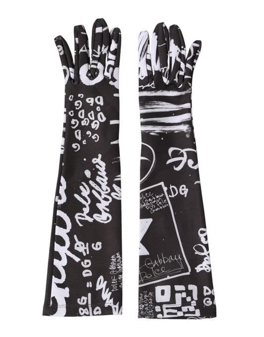 Dolce & Gabbana Black White DG Logo Elbow Length Mitten Gloves Curated Luxury Accessories by Orvyn