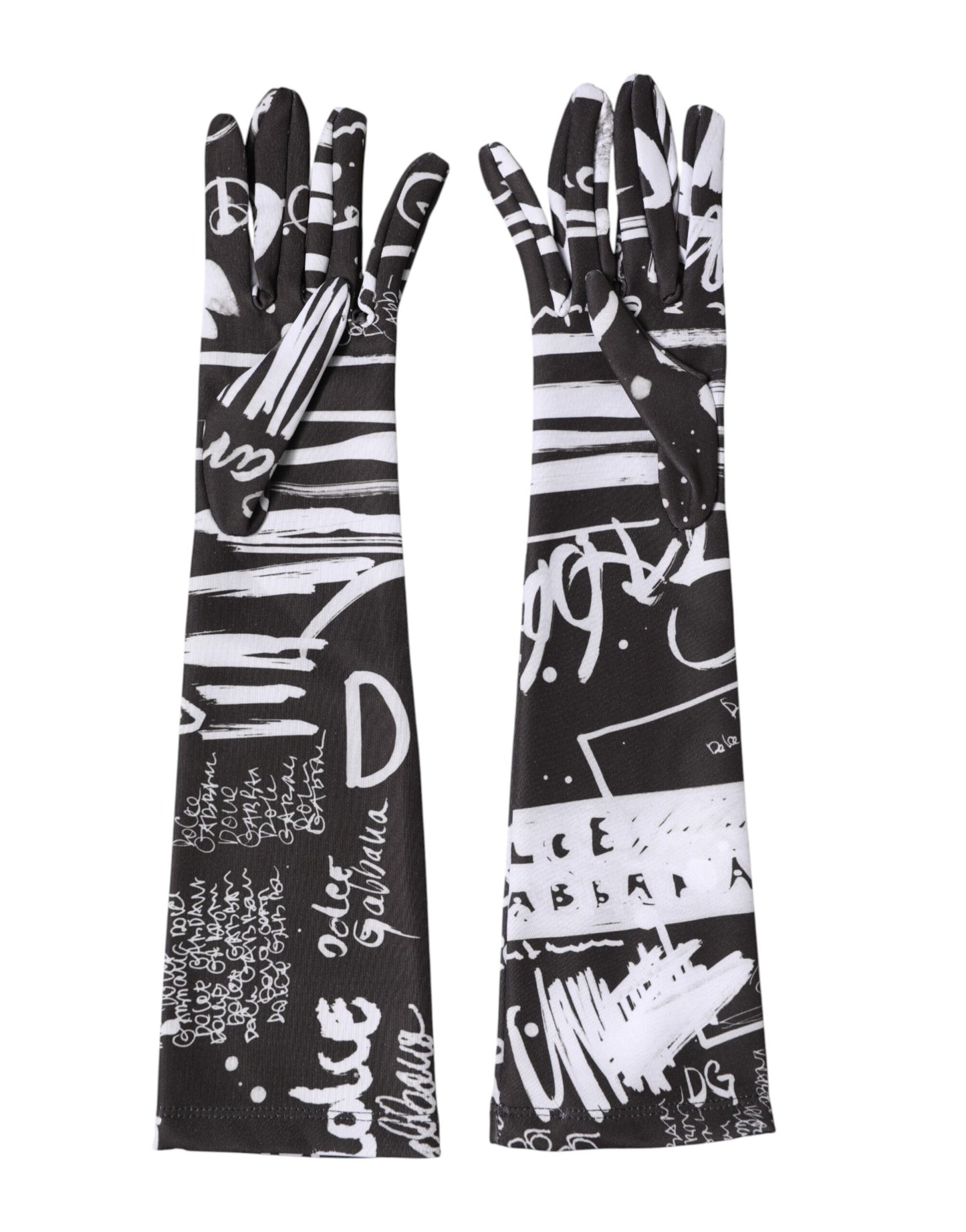Dolce & Gabbana Black White DG Logo Elbow Length Mitten Gloves Curated Luxury Accessories by Orvyn