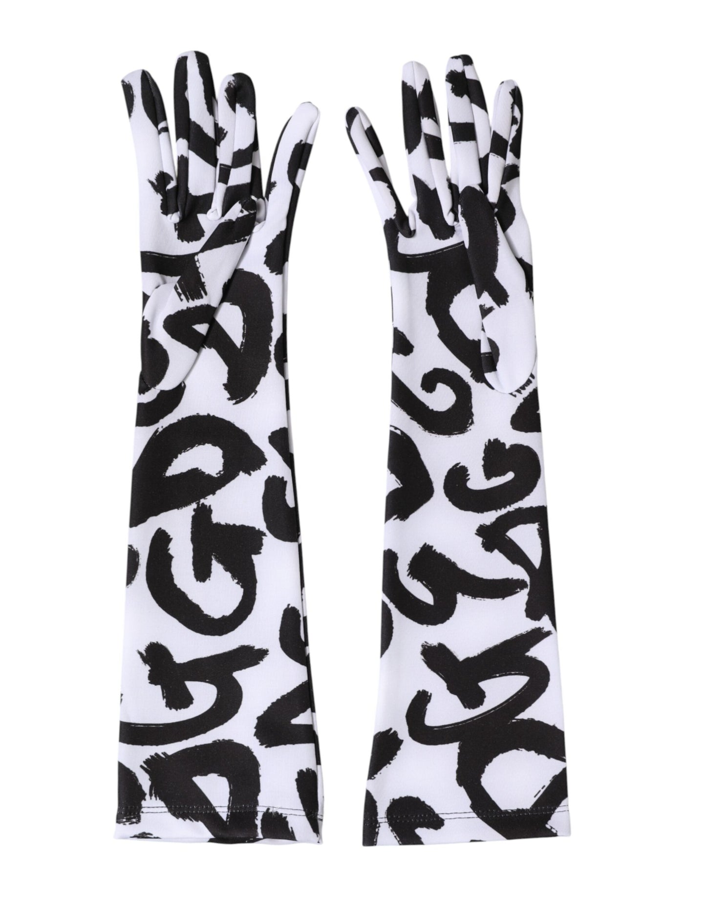 Dolce & Gabbana Black White DG Logo Elbow Length Mitten Gloves Curated Luxury Accessories by Orvyn