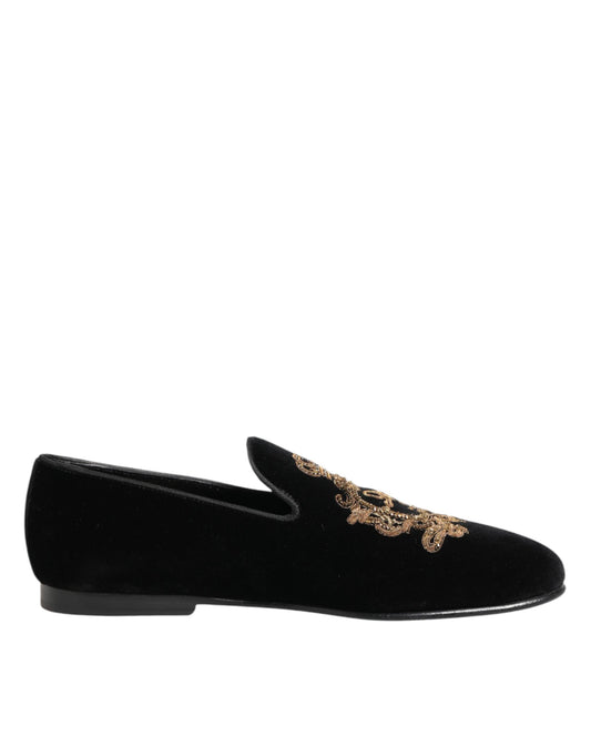 Dolce & Gabbana Black Velvet Gold Crown Mens Loafers Shoes Curated Luxury Accessories by Orvyn
