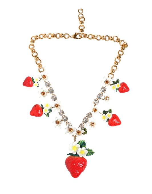 Dolce & Gabbana Gold Brass FRUIT Pendants Flowers Crystal Logo Necklace Curated Luxury Accessories by Orvyn