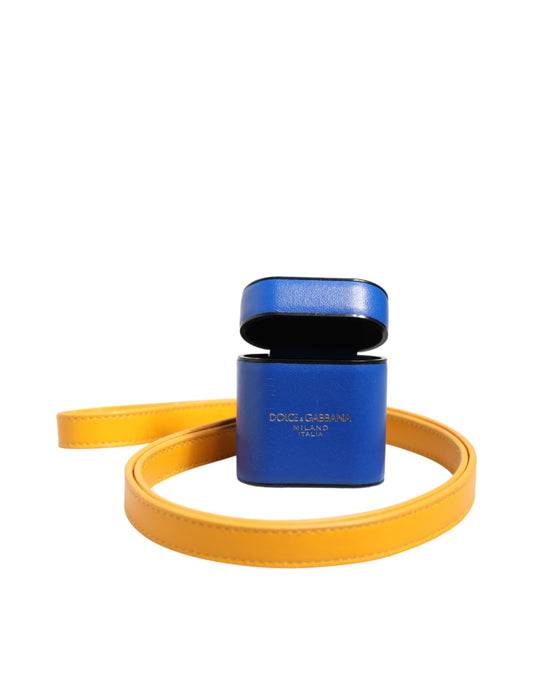 Dolce & Gabbana Blue Yellow Calfskin Leather Logo Strap Men Airpods Case Curated Luxury Accessories by Orvyn