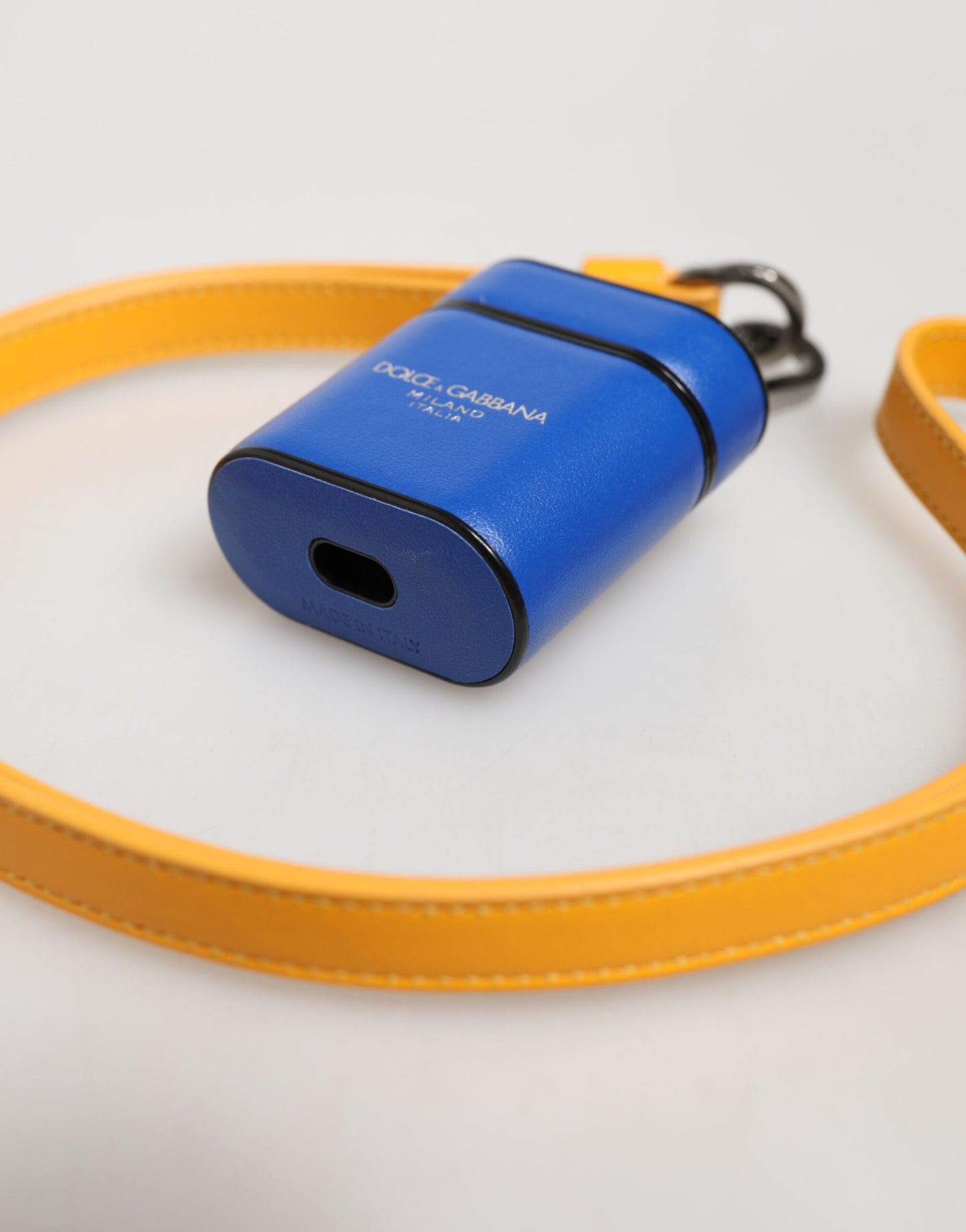 Dolce & Gabbana Blue Yellow Calfskin Leather Logo Strap Men Airpods Case Curated Luxury Accessories by Orvyn