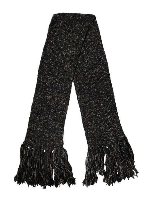 Dolce & Gabbana Black Wool Fringes Neck Wrap Foulard Scarf Curated Luxury Accessories by Orvyn