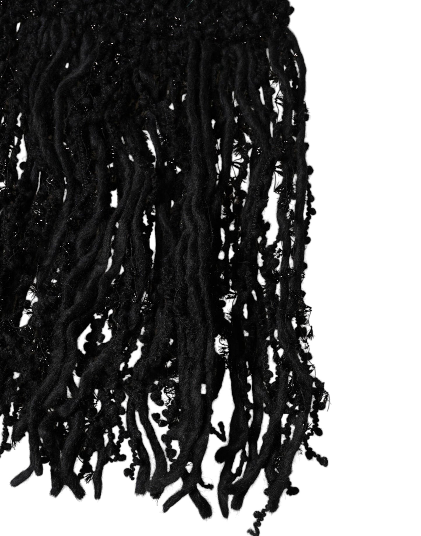 Dolce & Gabbana Black Wool Fringes Neck Wrap Foulard Scarf Curated Luxury Accessories by Orvyn