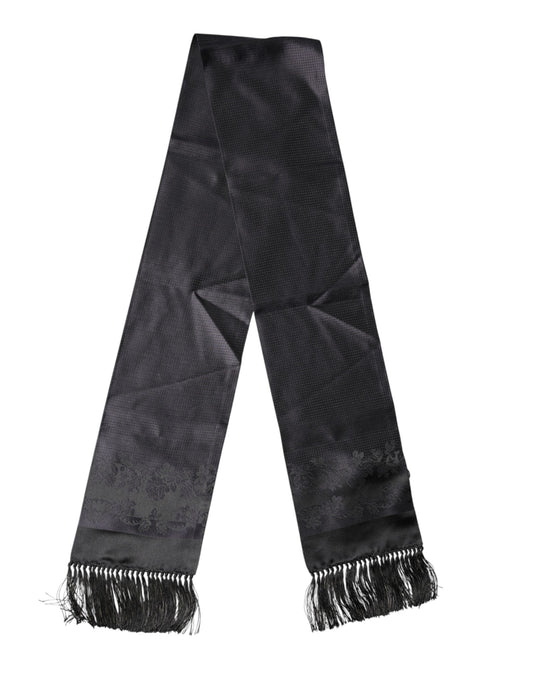 Dolce & Gabbana Black Satin Silk Fringes Neck Foulard Scarf Curated Luxury Accessories by Orvyn