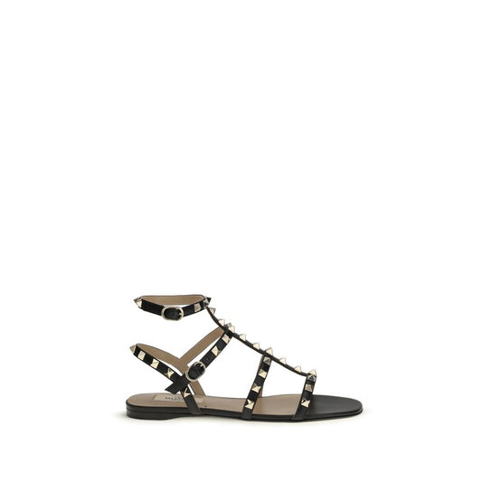 Valentino Garavani Black Calf Leather Bos Taurus Flat Sandals Curated Luxury Accessories by Orvyn