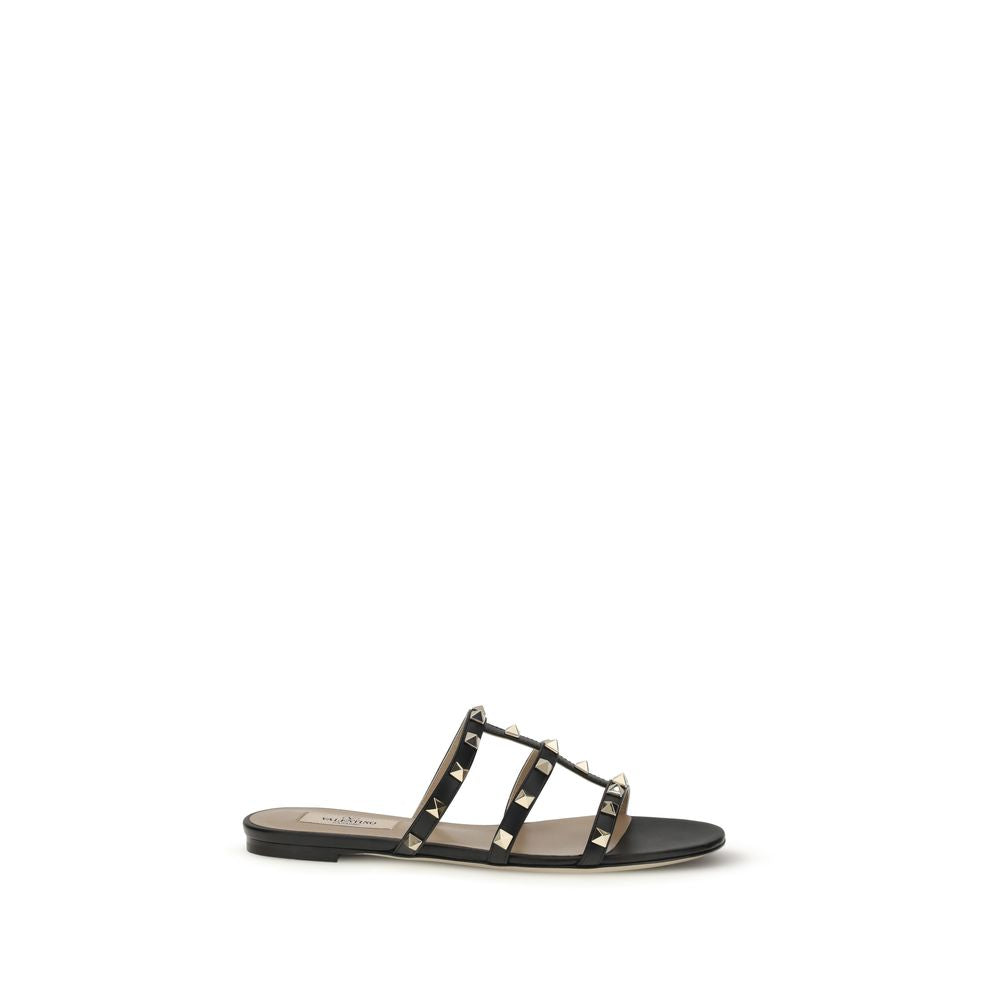 Valentino Garavani Black Calf Leather Bos Taurus Flat Sandals Curated Luxury Accessories by Orvyn