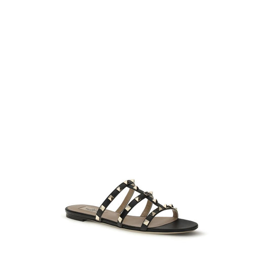 Valentino Garavani Black Calf Leather Bos Taurus Flat Sandals Curated Luxury Accessories by Orvyn