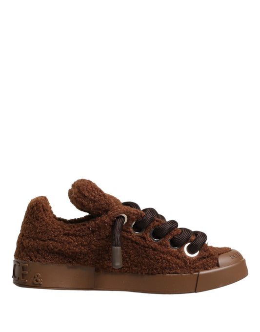 Dolce & Gabbana Brown Faux Shearling Low Top Sneakers Shoes Curated Luxury Accessories by Orvyn