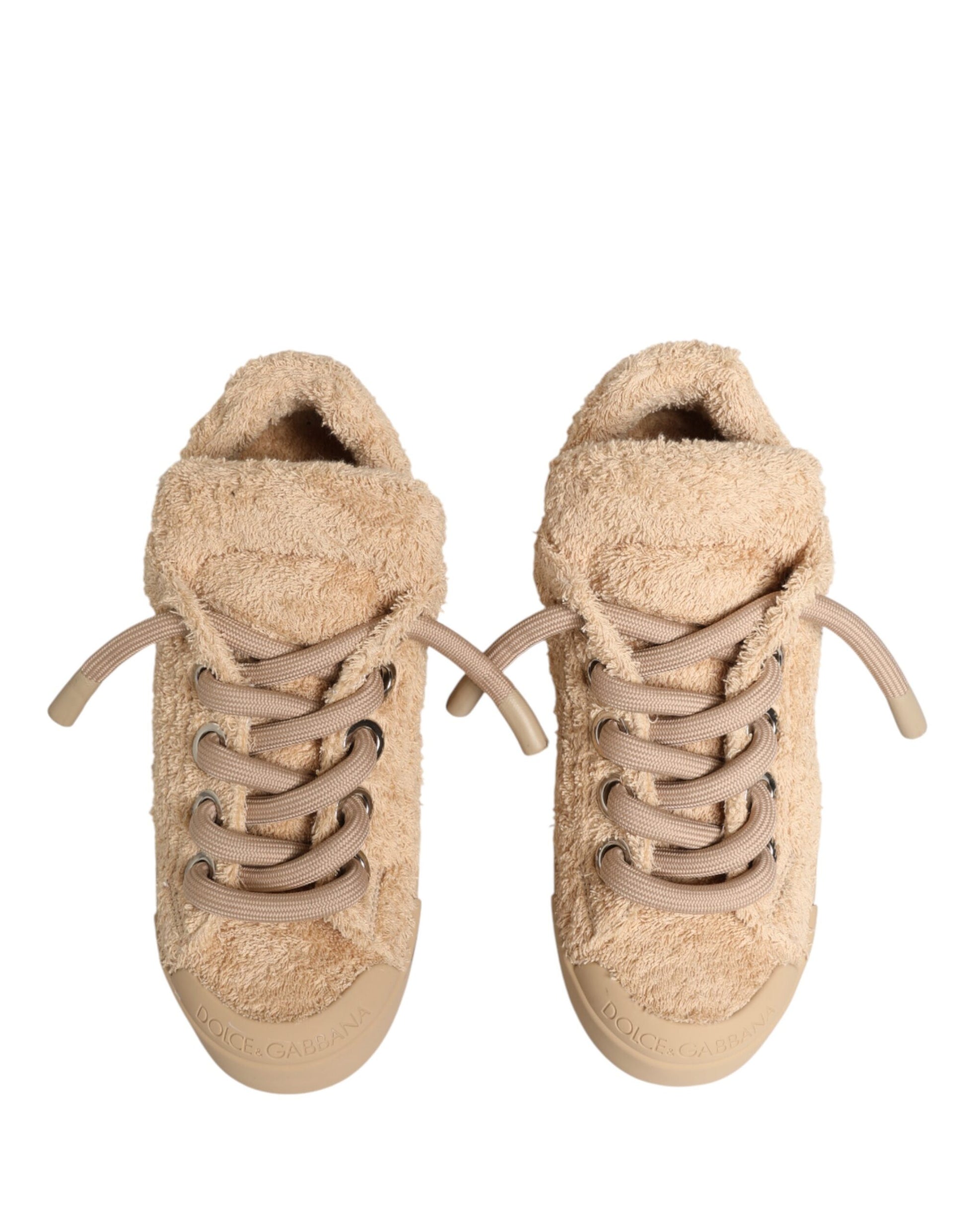 Dolce & Gabbana Shoes Beige Faux Shearling Low Top Sneakers Curated Luxury Accessories by Orvyn