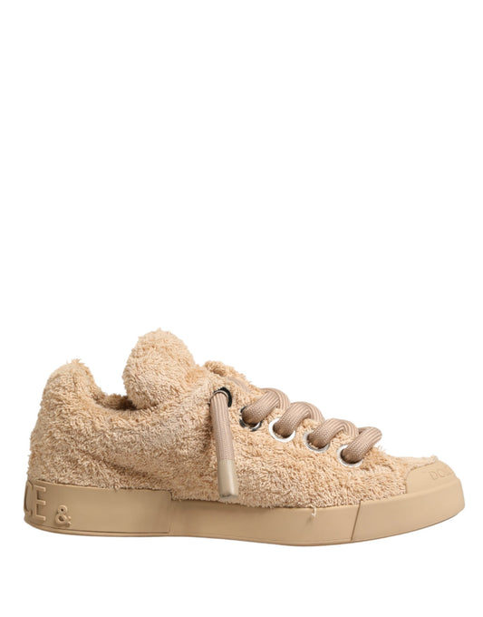 Dolce & Gabbana Shoes Beige Faux Shearling Low Top Sneakers Curated Luxury Accessories by Orvyn