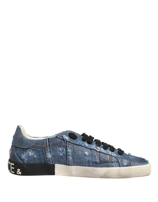 Dolce & Gabbana Blue Distressed Denim Low Top Sneakers Shoes Curated Luxury Accessories by Orvyn