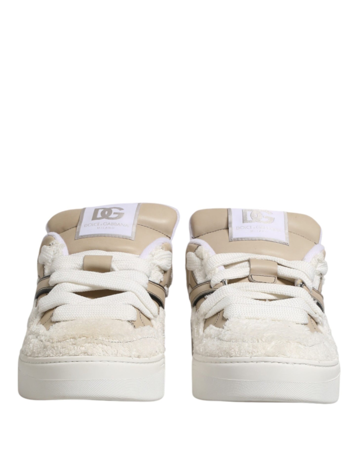 Dolce & Gabbana White Beige Faux Shearling Low Top Sneakers Shoes Curated Luxury Accessories by Orvyn